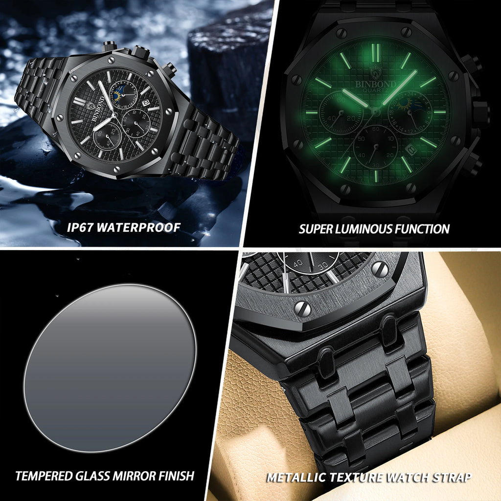 BINBOND Luxury quartz wristwatches luminous waterproof auto date chronograph men's watch business sport watch for men reloj