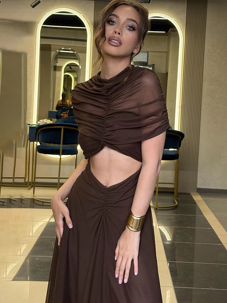 XIAOTANG Hollow Out Short Sleeve Sexy Maxi Dress Women Fashion O Neck Ruched High Waist Bodycon Club Party Long Dress Female