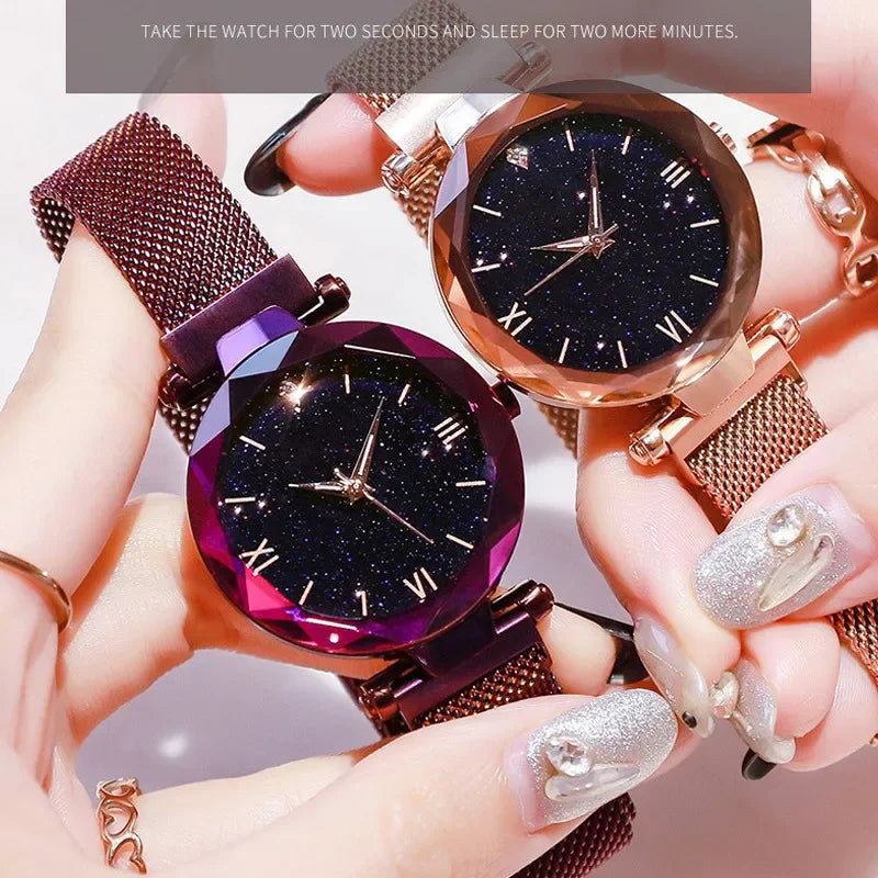 1pcs Moda Feminina Starry Sky Relógios Magnet Buckle Mesh Belt Diamante Quartz Watch Mulheres Vestido Relógio