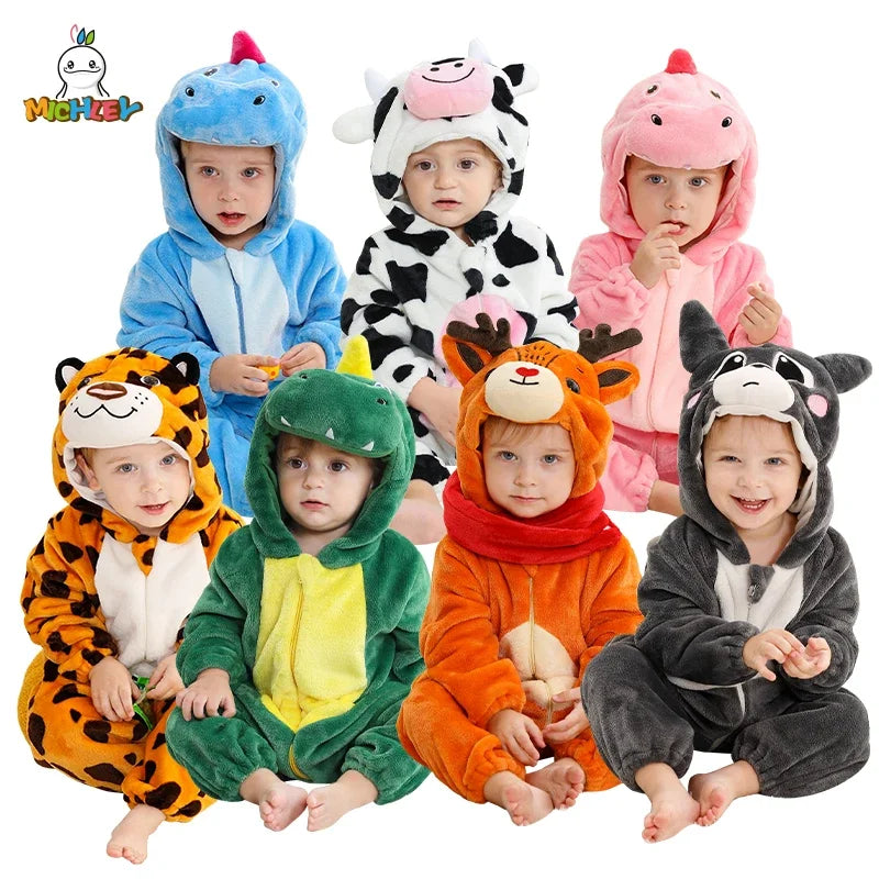 MICHLEY Carnival Winter Baby Rompers Hooded Flannel Cosplay Toddler Infant Clothes Bodysuits Jumpsuit Costume For Girl Boy