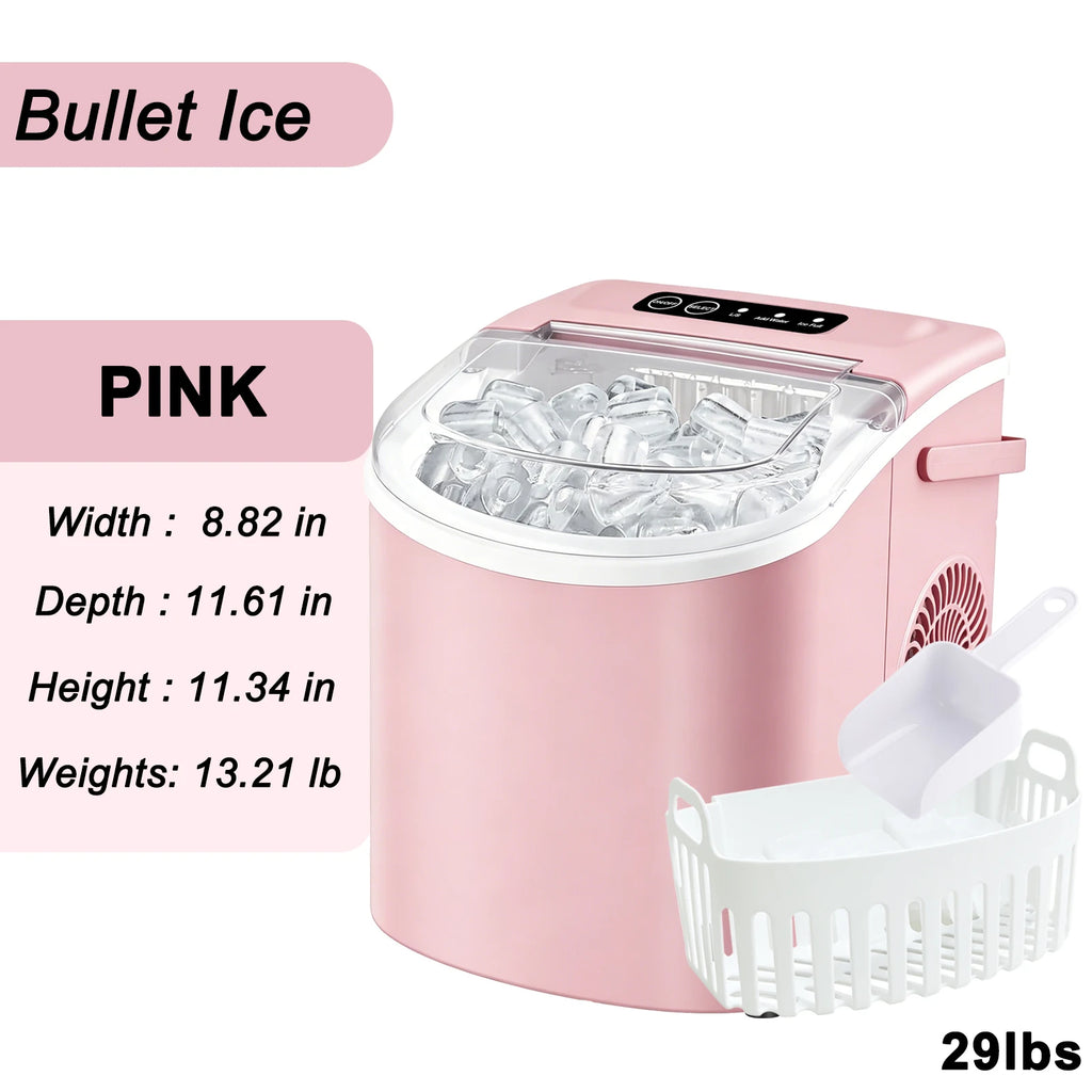 Portable countertop ice maker with a handle, produces 29 pounds of ice in 24 hours and 9 ice cubes in 6 minutes; comes with a ba