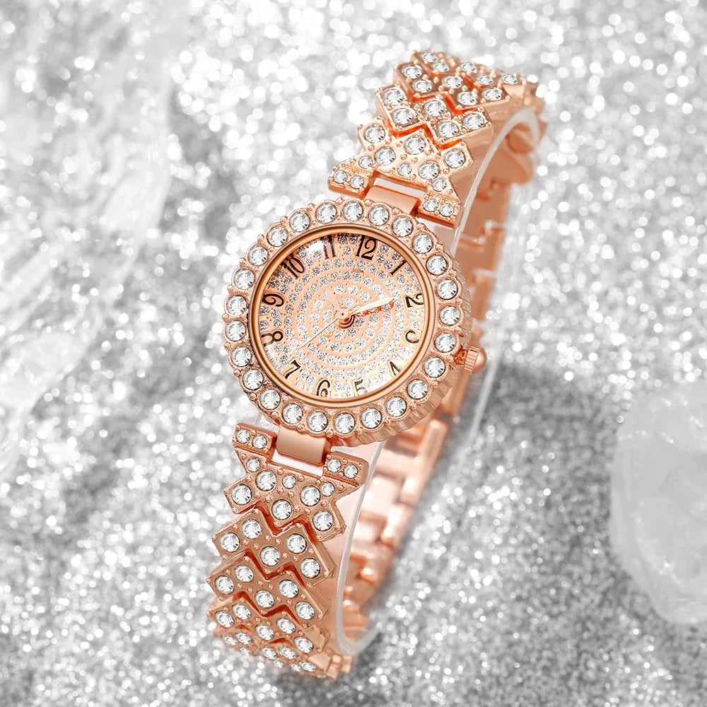 5PCS Elegant Women's Quartz Watch Rhinestone Jewelry Set Luxury Bracelet Strap Wristwatches for Girls Clock（Without Box）