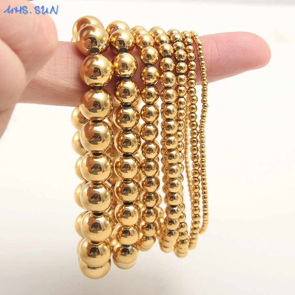 MHS.SUN Trend Stretch Stainless Steel Bracelets Gold Sliver Color 2MM 5MM 8MM Stacked Ball Beaded Bracelet For Women Men Jewelry