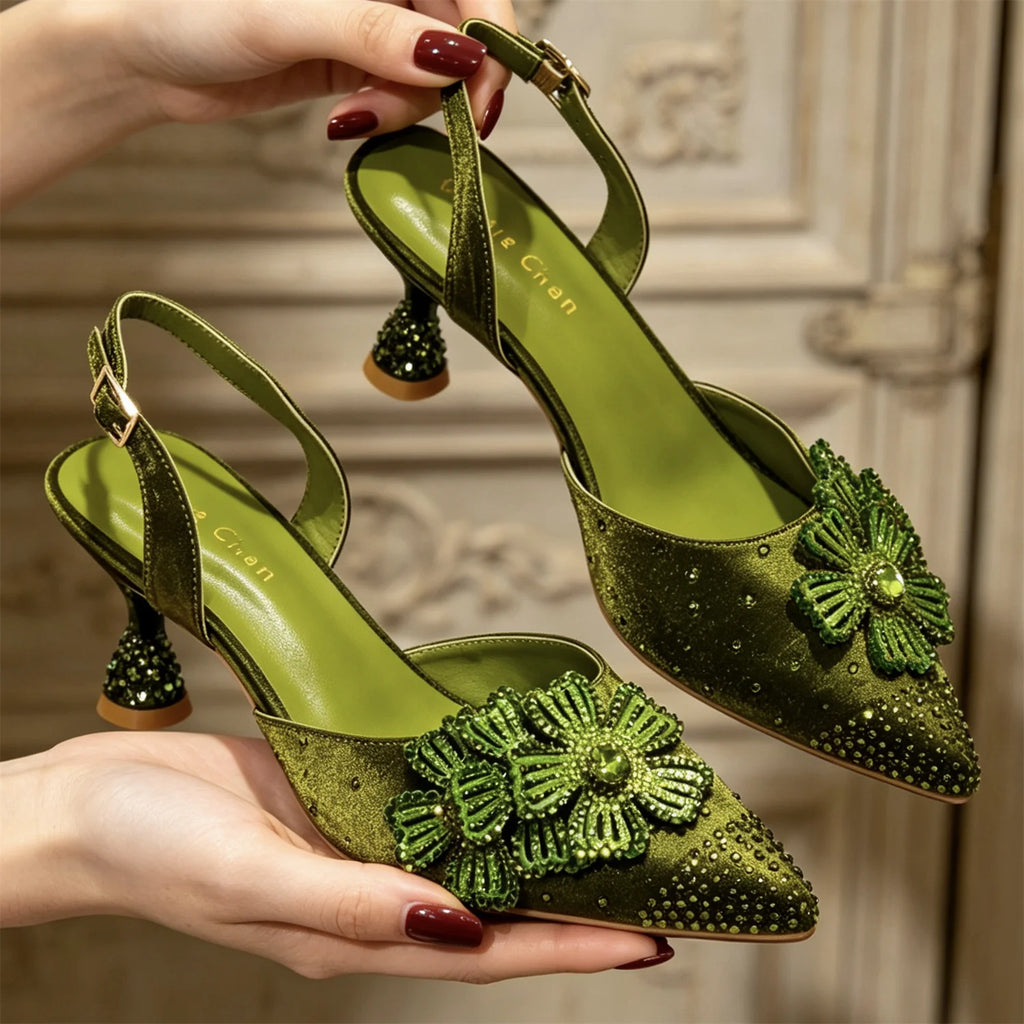 Luxury Women's Satin Slingback Heels with Rhinestone Embellishments & Pointed Toe - Stunning 3D Floral High Heels Ideal