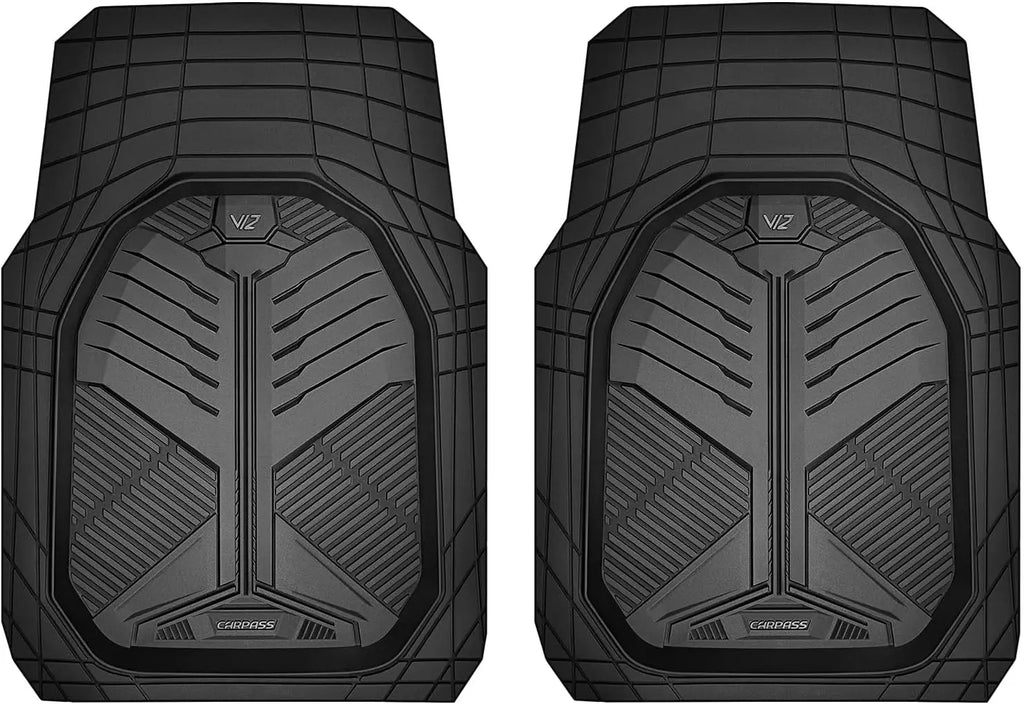 Heavy Duty Rubber Car Mats 2-Piece Front, Deep-Dish All Weather, Universal Fit, Anti-Slip, Black