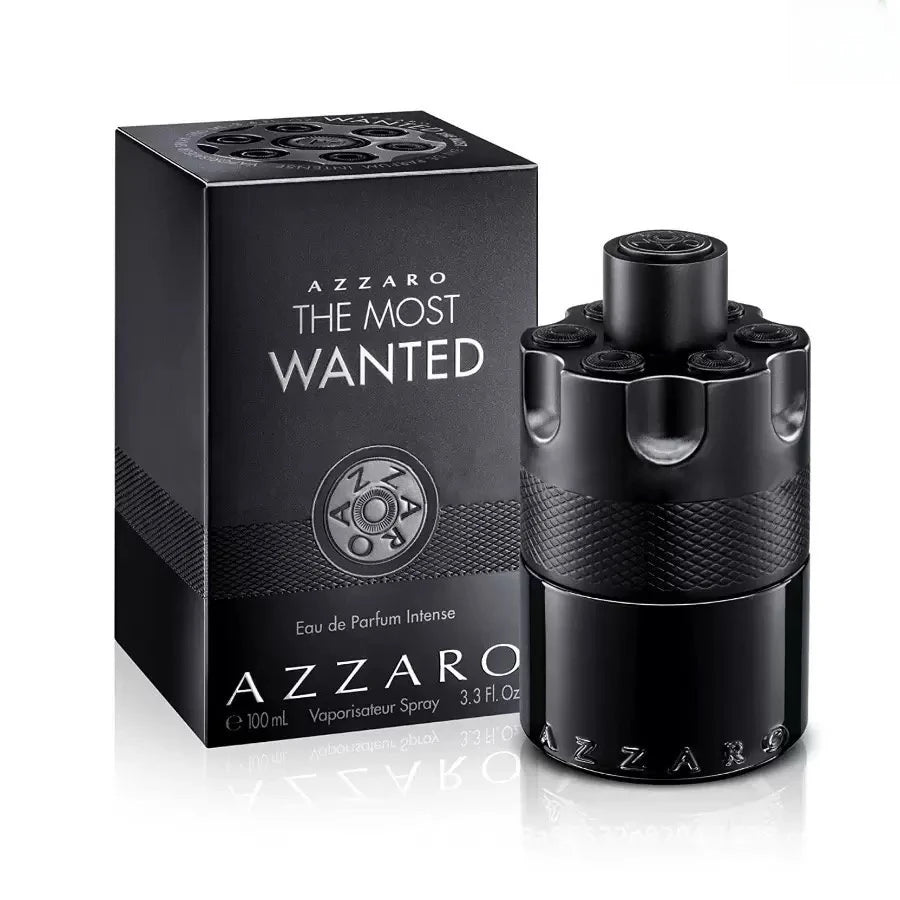 Azzaro The Most Wanted EDP Intense 100ML Perfume For Men Deep Intense Spicy Tobacco Vanilla Woody Aroma Long Lasting Matte Black Bullet Embossed Cylindrical Bottle Complete Black Woven Pattern Box Dating Night Party Present