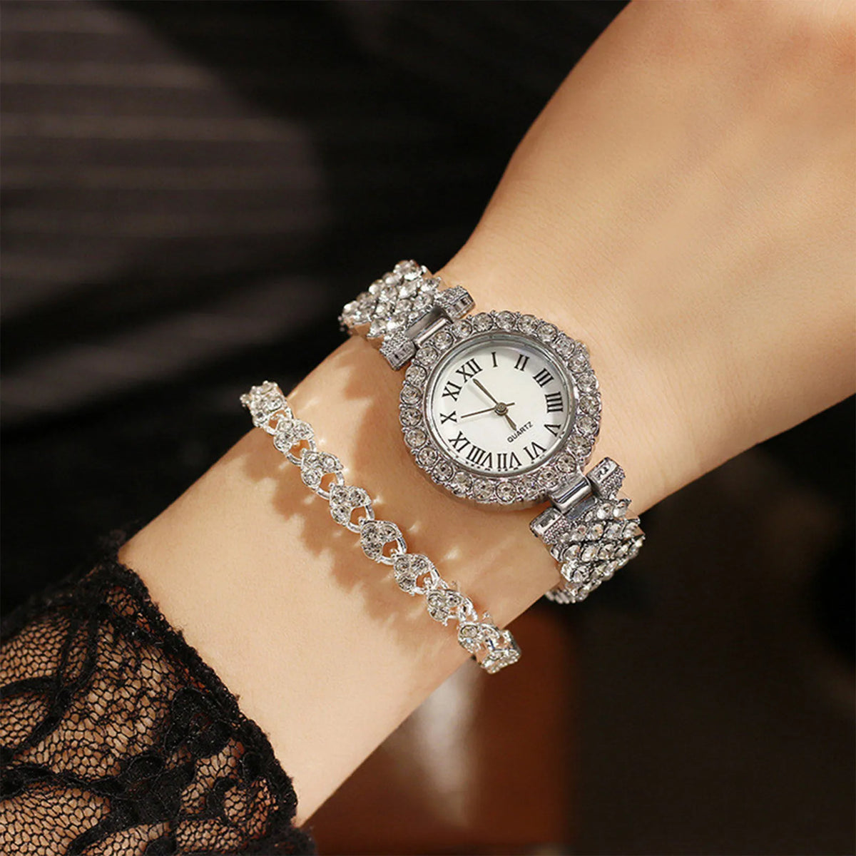 Fashion Women Elagant Watch Casual Simple Steel Strap Quartz Diamond Inlaid Watch Bracelet 2pcs Set Temperament Wearing Style