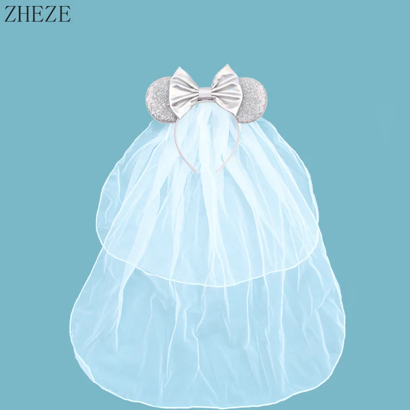 White Day Mouse Ears Headband With Veil Sequins 5"Bow Headwear For Women Festival Hairband Single Party DIY Hair Accessories