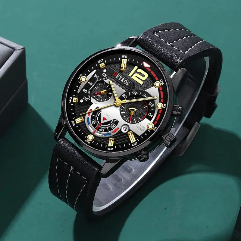 3PCS Set Fashion Mens Watches Luxury Black Leather Quartz Wristwatch Calendar Date Men Business Casual Watch Bracelet Necklace