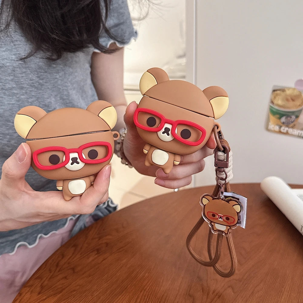 Cute Cartoon Rilakkuma Bear Earphone Case For Airpods 1 2 3 4 Pro 2 3 3D Wireless Bluetooth Headset Protective Soft Cover