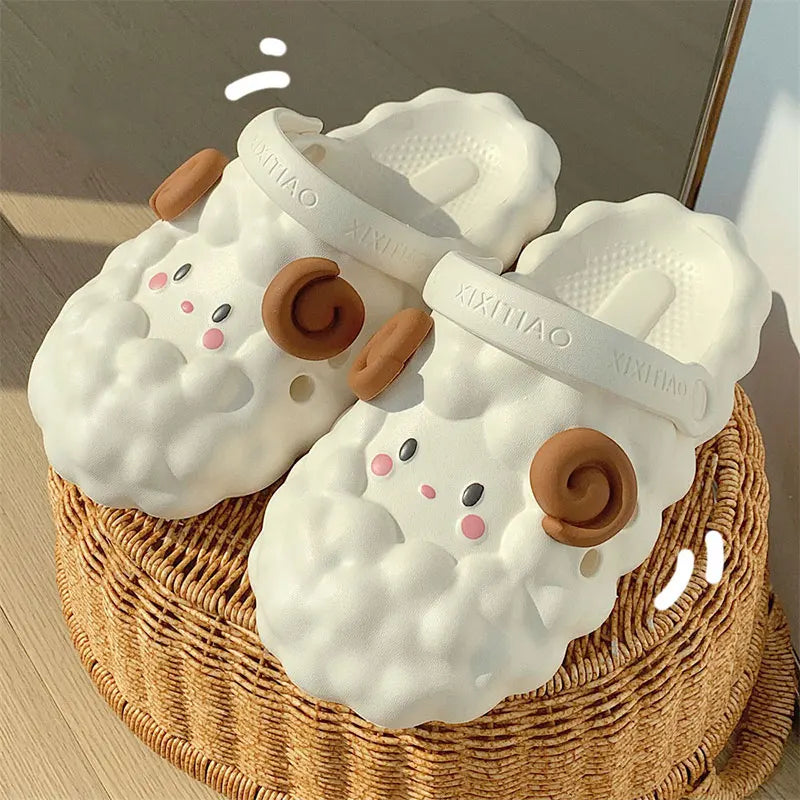 Mo Dou Women's Home Slippers Soft EVA Sandals Non-slip Toe-wrapped Lovely Cartoon Sheep for Men Cozy Parent-child Breathable