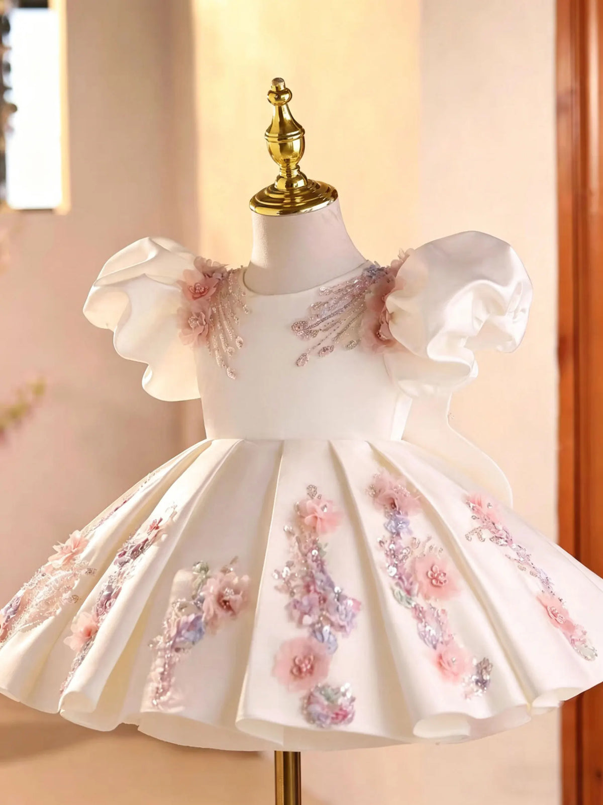 Jill Wish J892 White Girls Dress 3D Flowers Puff Sleeve Kids Wedding Dress Sequin Embroidery Birthday Party Gown with Headband