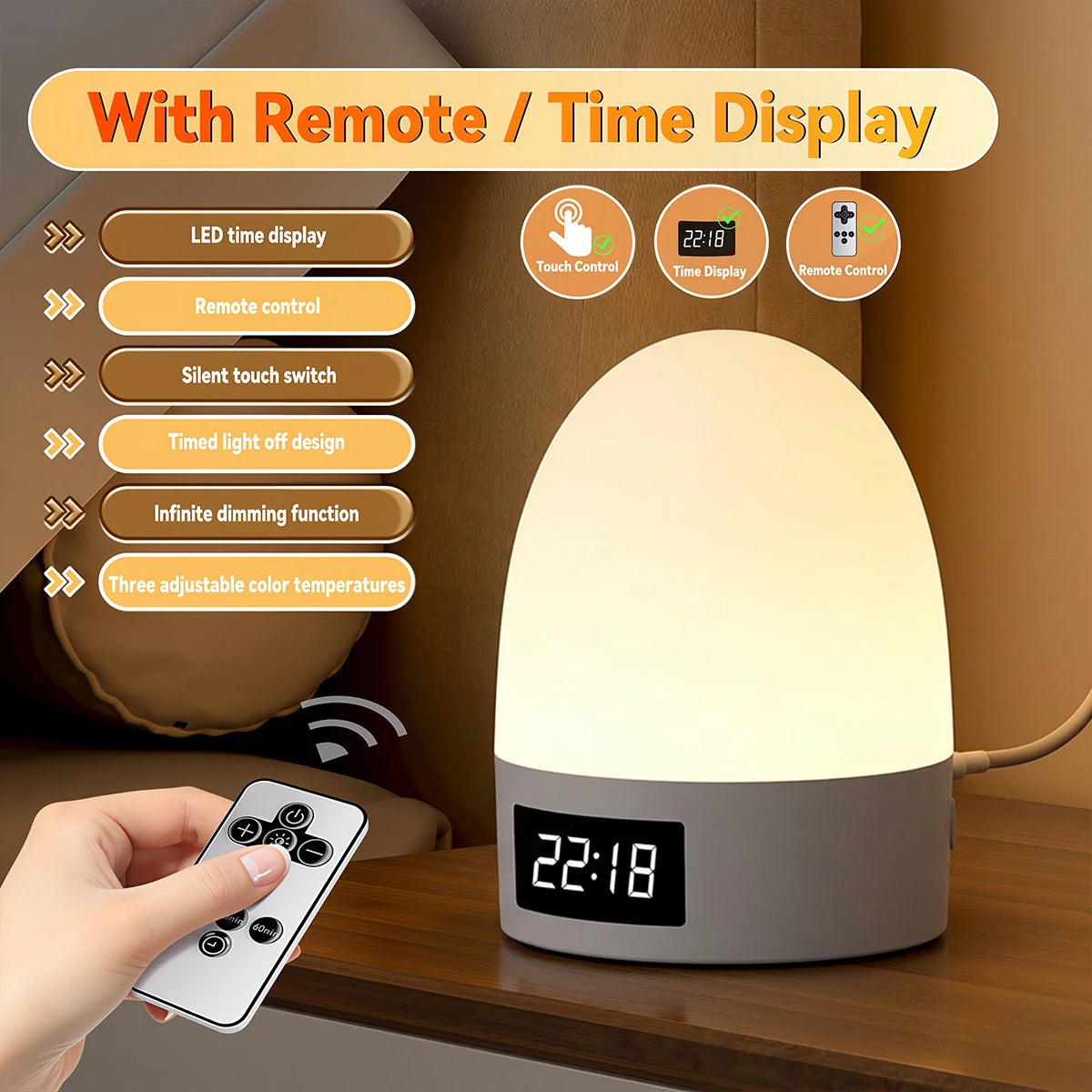 Touch Control LED Night Light with Clock Timer Remote Control USB Bedside Lamp Dimmable 3 Color Temperature Bedroom Sleep Lamp