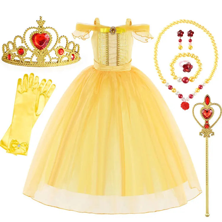 2025 Girls Beauty and the Beast Classic Belle Princess Cosplay Costume Child Fairy Tale Clothing Party Carnival Vestido