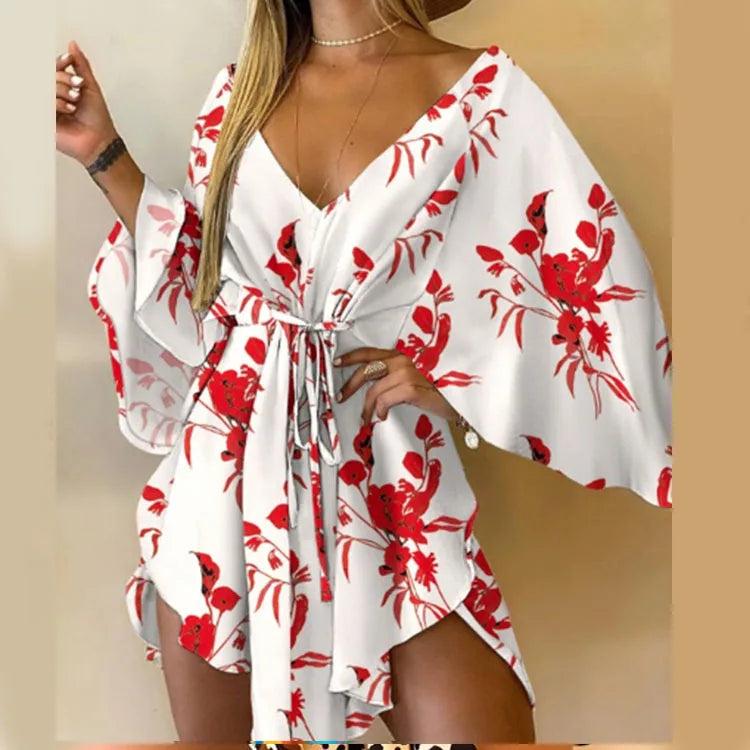 Sexy V Neck Long Batwing Sleeve Floral Print Loose Asymmetrical Dress Summer Women Irregular Leaf Print Party Boho Dresses
