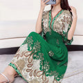 2025 Summer New Casual Elegant Retro Bohemian Style V-neck Elastic Waist Large Swing Printed Long Skirt Autumn Summer Dress