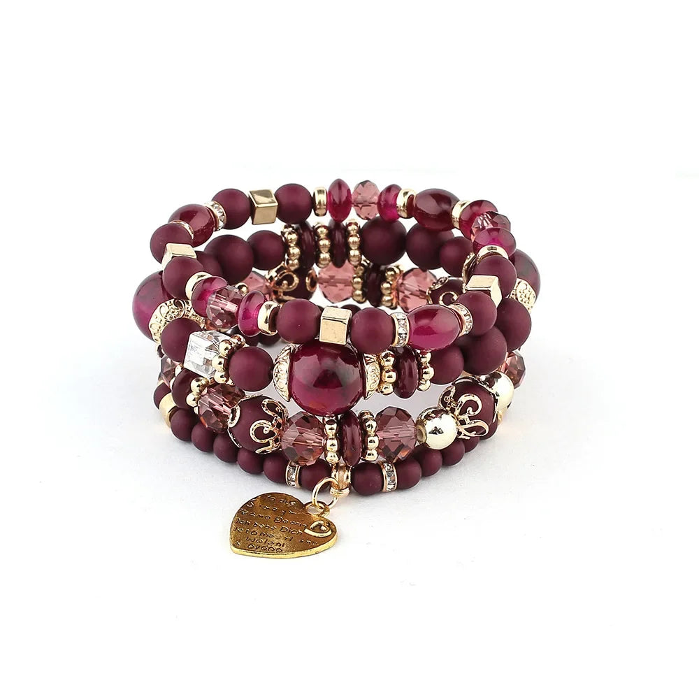 4Pcs Boho Crystal Beads Chain Bracelet Set For Women Vintage Heart Charm Elastic Bangle Men Fashion Party Jewelry