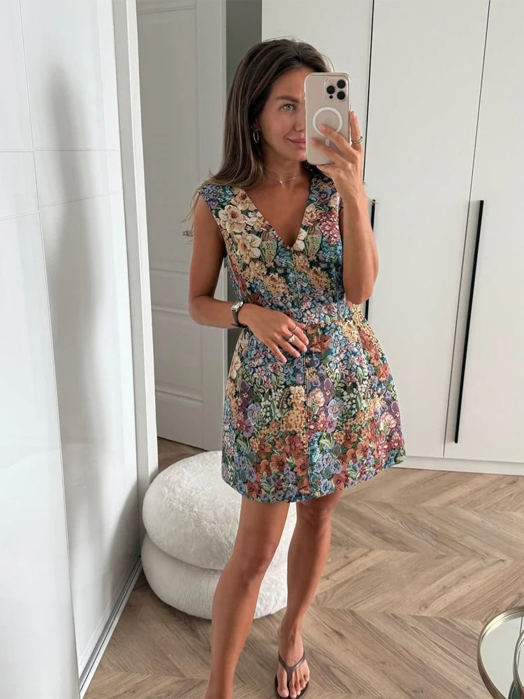 Women Vintage Floral Long Sleeve 2 Piece Set Elegant Stand Neck Cropped Jacket High Waist  Mini Skirt 2026 Daily Commute Outfit