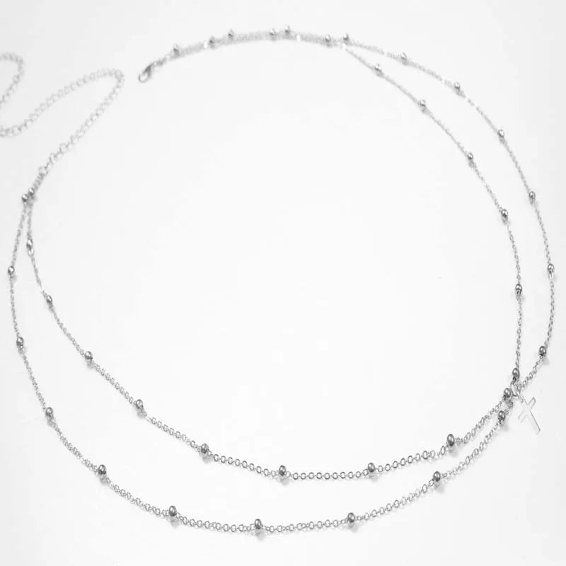 Fashion Double Layer Beaded Waist Chain for Women Simple Gold Color Metal Cross Round Bead Body Chain Bikini Jewelry Acessories