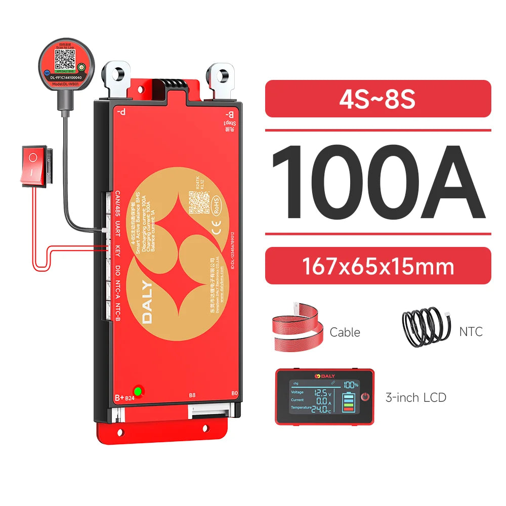 DALY Smart BMS 4S 8S 16S 40A 60A 100A 150A 200A 12V 24V 48V LiFePo4 1A Active Balance BMS with LCD RS485 UART WIFI KEY