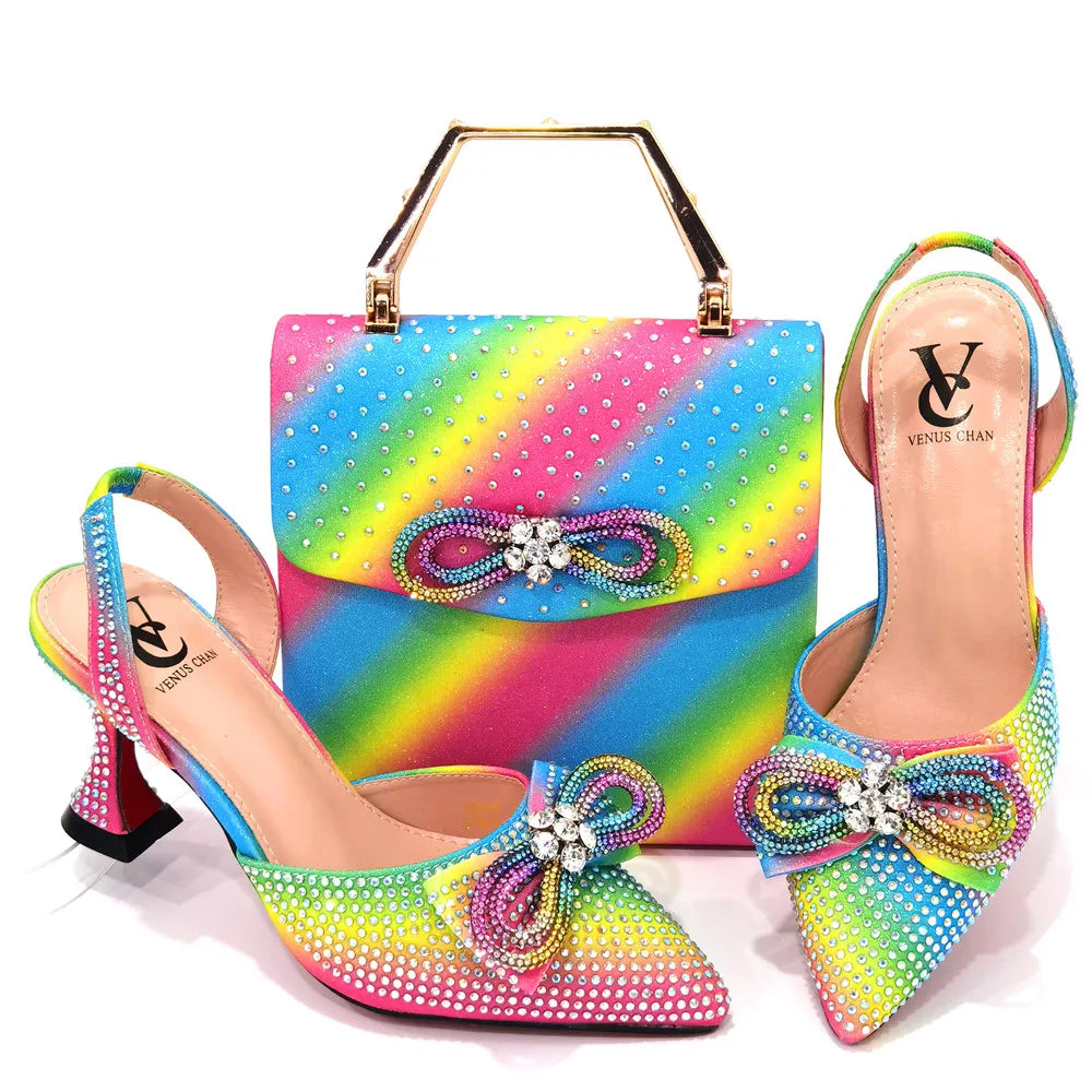 2022 Latest Italian Design African Women's High Heel Pointed Toe Sandals Party Wedding Party Fuchsia Color Shoes and Bags Set