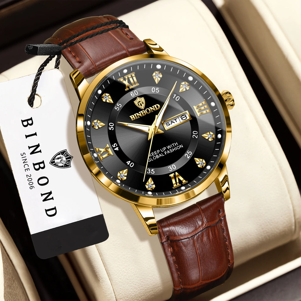 BINBOND quartz watches for men luxury sturdy luminous waterproof auto date week display accurate men's watch business reloj