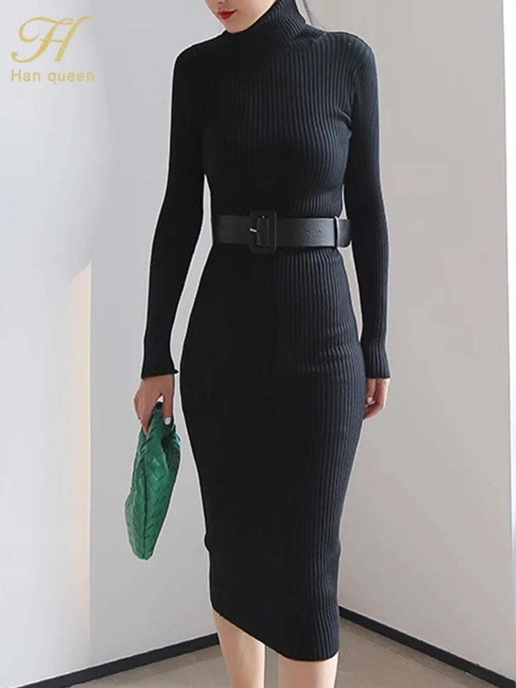 H Han Queen Knitted Turtleneck Sweater Bodycon Dress Bottoming Women Soft Elastic Autumn Winter Midi Party Dresses With Belt