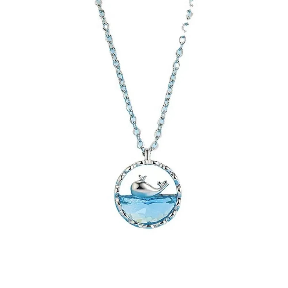Stainless Steel Cute Sweet Blue Crystal Sea Whale Pendant Necklace for Women New Creative Design Summer Collar Jewelry Colorfast