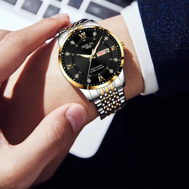 Men's Watch, Classic Fashion Ultra-Thin Luminous Double Calendar Steel Belt Quartz Watch