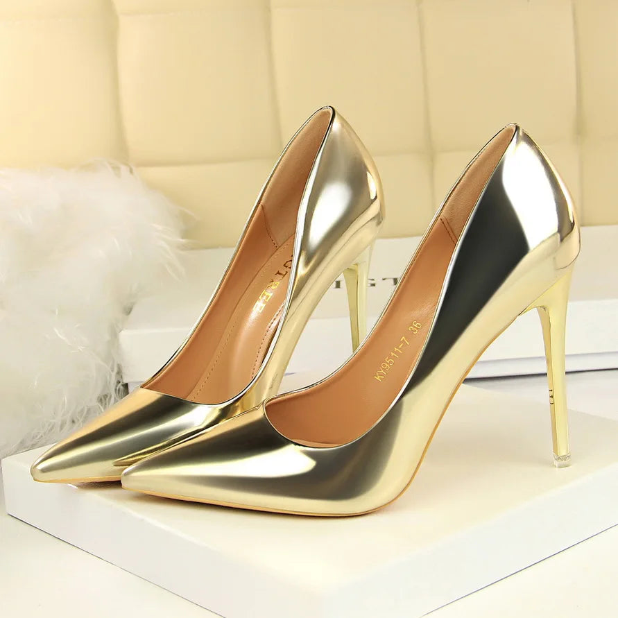 Women Mteallic Patent Bronze Leather Pumps 7.5cm 10.5cm High Heels Lady Stiletto Middle Low Heels Wedding Bridal Silver Shoes