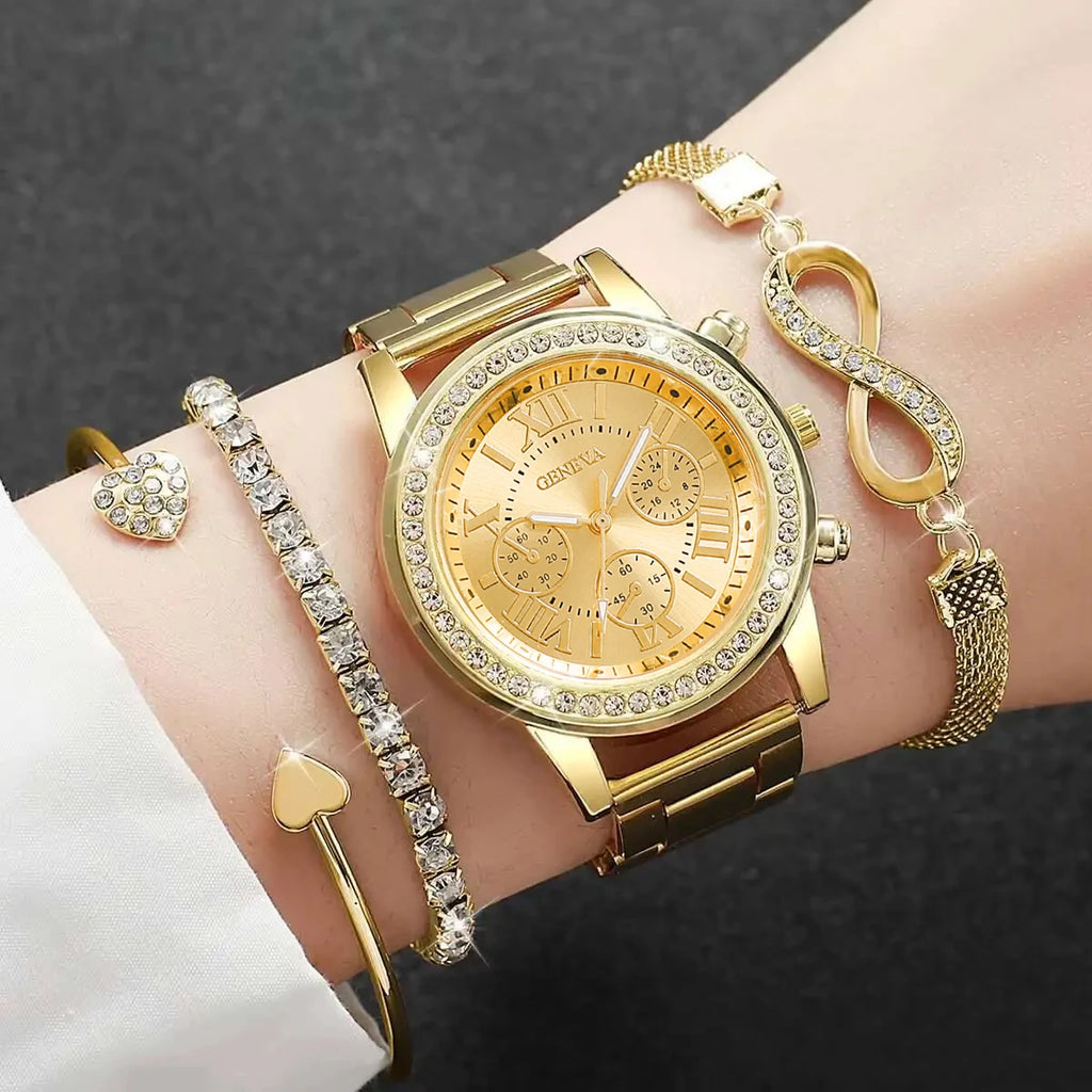 4PCS/Set Fashion Rhinestone Women Watches Luxury Steel Band Ladies Quartz Watch Bracelets Set Reloj Mujer（Without Box）