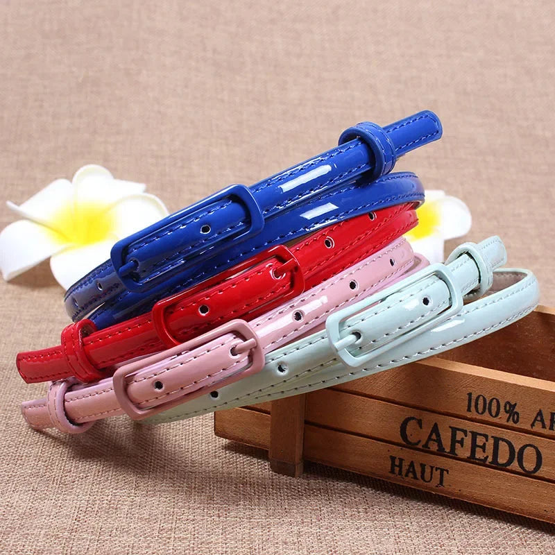 Thin Waistband Women Belt for Dress Sweater Jean Fashion Candy Colors Simplicity Solid Color PU Patent Leather Female Belt
