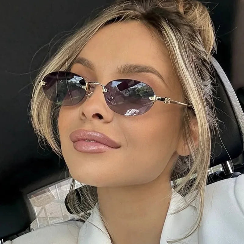 Light Luxury Rimless Oval Personalized Sunglasses, High-End Fashion Casual Sunglasses, Suitable For Outdoor Vacation Sunglasses