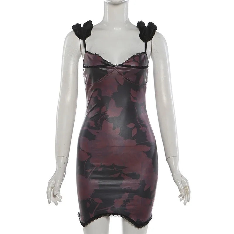 SylCue Flower Print Mini Dress Woman Adjustable Strap Low-Neck Backless Lace Patchwork Hot Girls Sexy Fashion Elegant Bodycon
