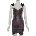 SylCue Flower Print Mini Dress Woman Adjustable Strap Low-Neck Backless Lace Patchwork Hot Girls Sexy Fashion Elegant Bodycon