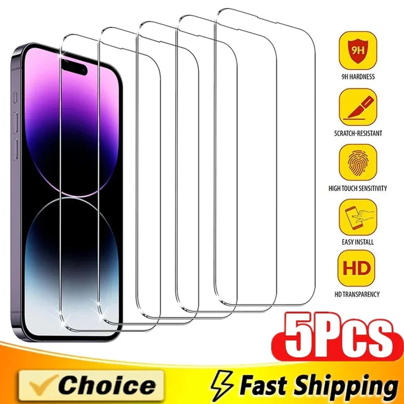 5Pcs Tempered Glass For iPhone 15 13 11 12 14 18 Pro Max Mini Screen Protector For IPhone 16 17 8 Plus X XR XS Protective Glass