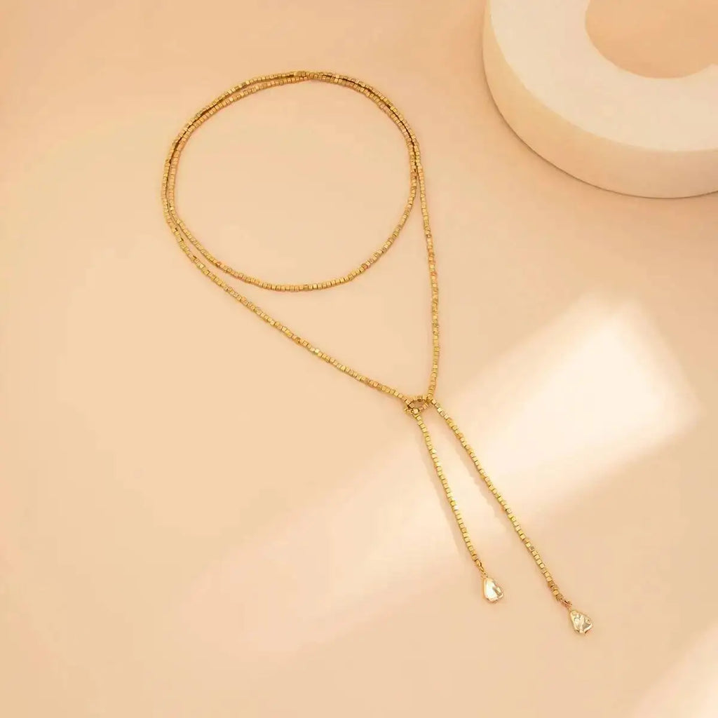 IngeSight.Z 2025 New Fashion Irregular Gold Color CCB Bead Pendant Necklace Women Punk Multilayer Y-shaped Necklace Jewelry Gift