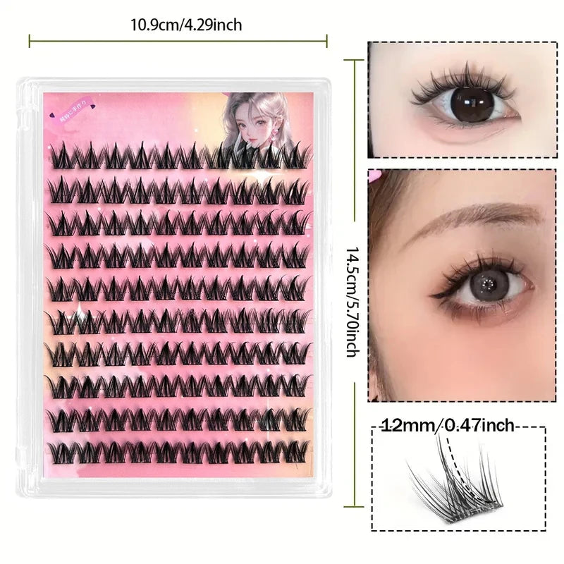 100 Clusters of Self-adhesive Eyelashes, Curled and Slender Dog Style, 12mm Naturally Thickened Thin Strip Eyelashes, Self-Exten