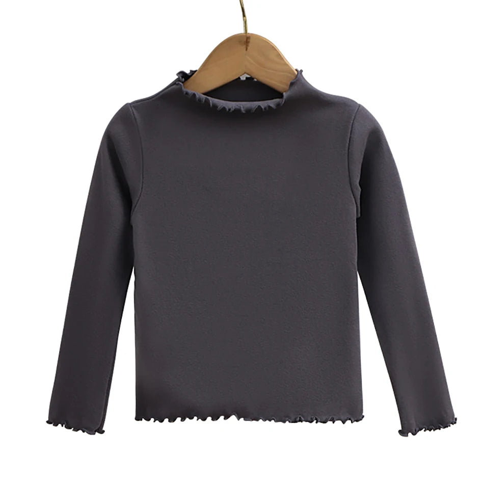 Children Clothing New Girls Base Shirt For Autumn and Winter Children Trendy Black Fungus Edge Solid Color Long Sleeved T-shirt