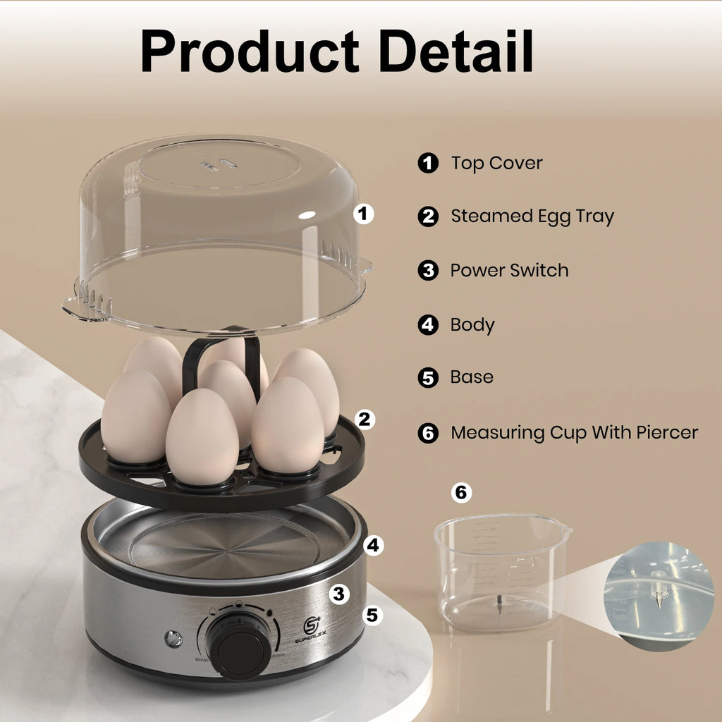 SUPERLEX Electric Egg Cooker 400W Stainless Steel Egg Boiler, Holds Up To 7 Eggs, Adjustable Timer Transparent Lid, Cool Touch Handle, Auto Warning Beep Egg Steamer for Soft Medium Hard Boiled Eggs Breakfast