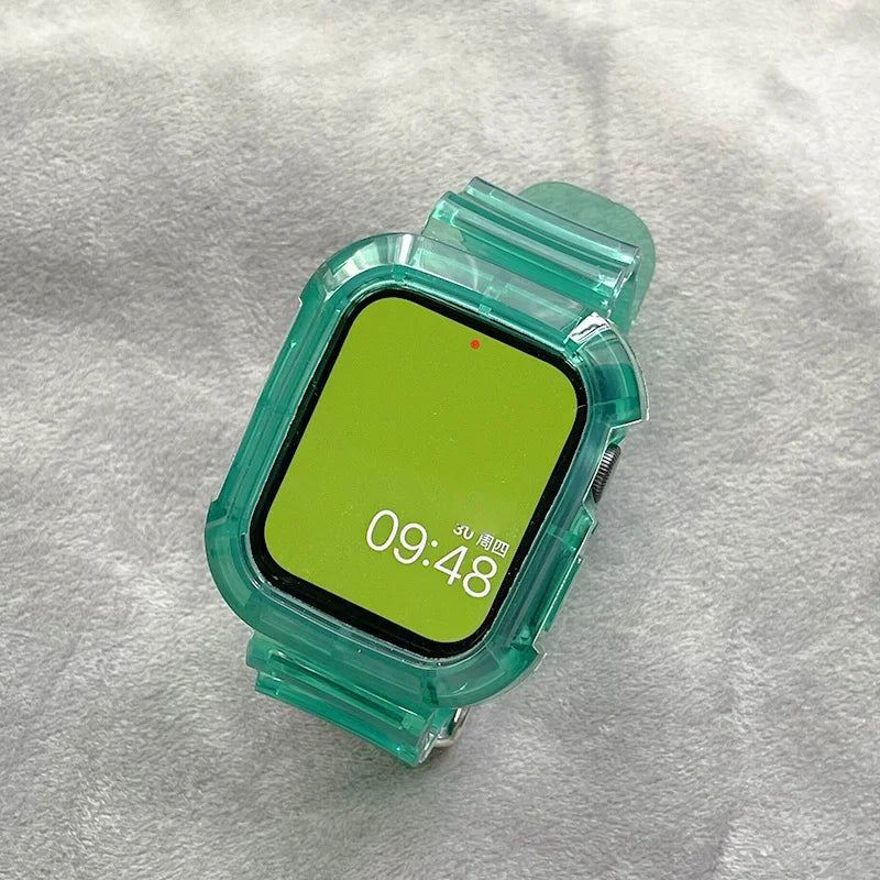 Cute Pink Transparent Case+Strap For Apple Watch Band 49mm 41mm 40mm 44mm 42mm 38 Silicone Bracelet For iWatch 8 7 SE 6 5 Cases