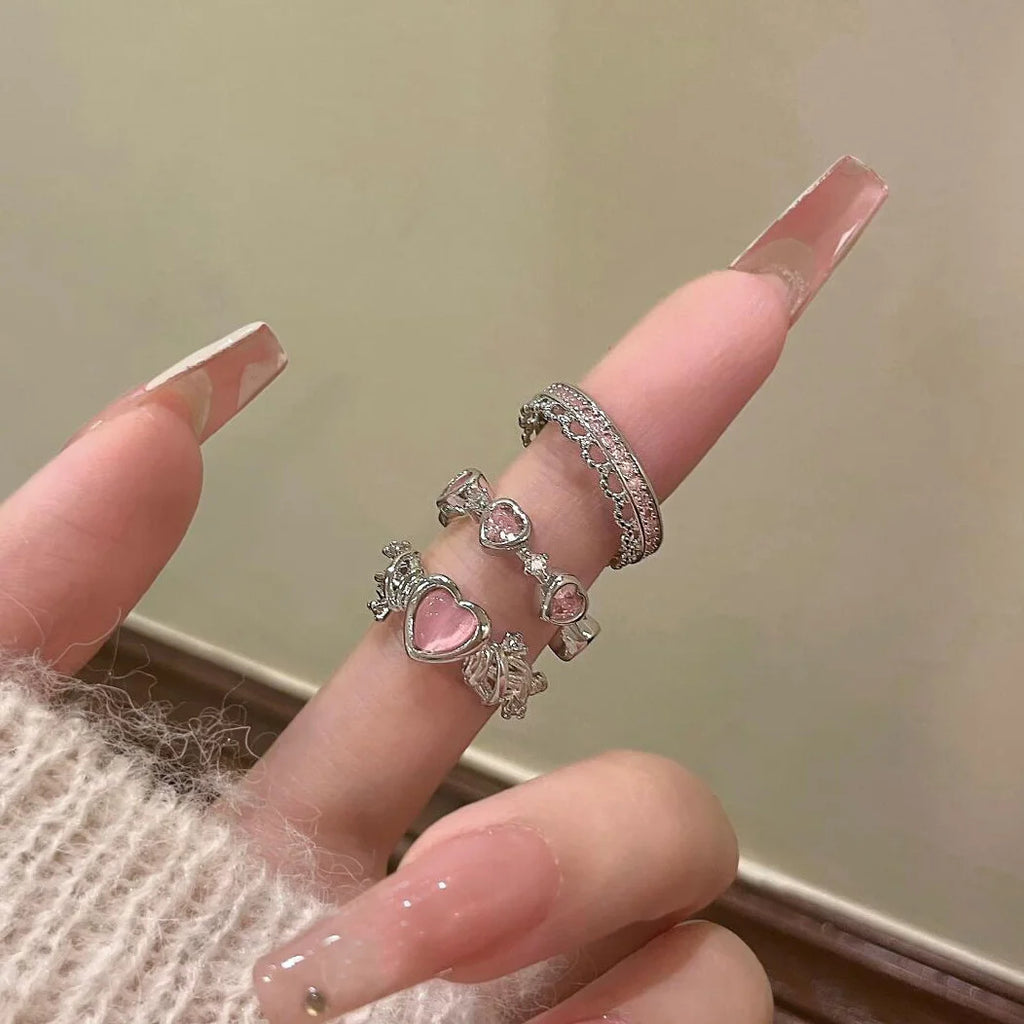 3 Pcs Set Love Heart Rings For Women Girls Light Luxury Sweet Rhinestone Opening Finger Ring Fashion Wedding Party Jewelry Gifts