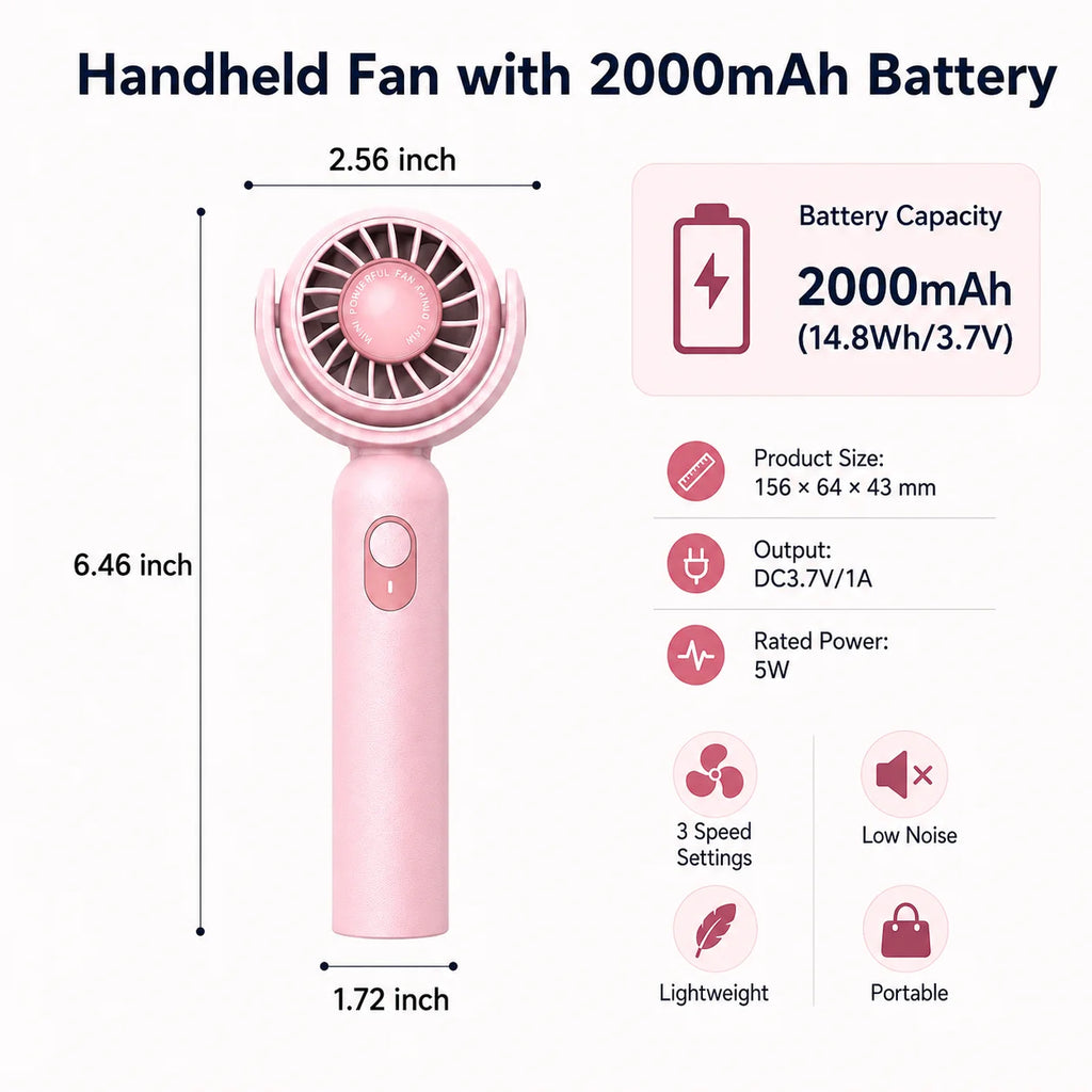 Portable Handheld Fan, Foldable Turbo Mini Fan with Strong Wind, Ultra Quiet Personal Cooling for Travel Office Outdoor, Cherry Blossom Pink