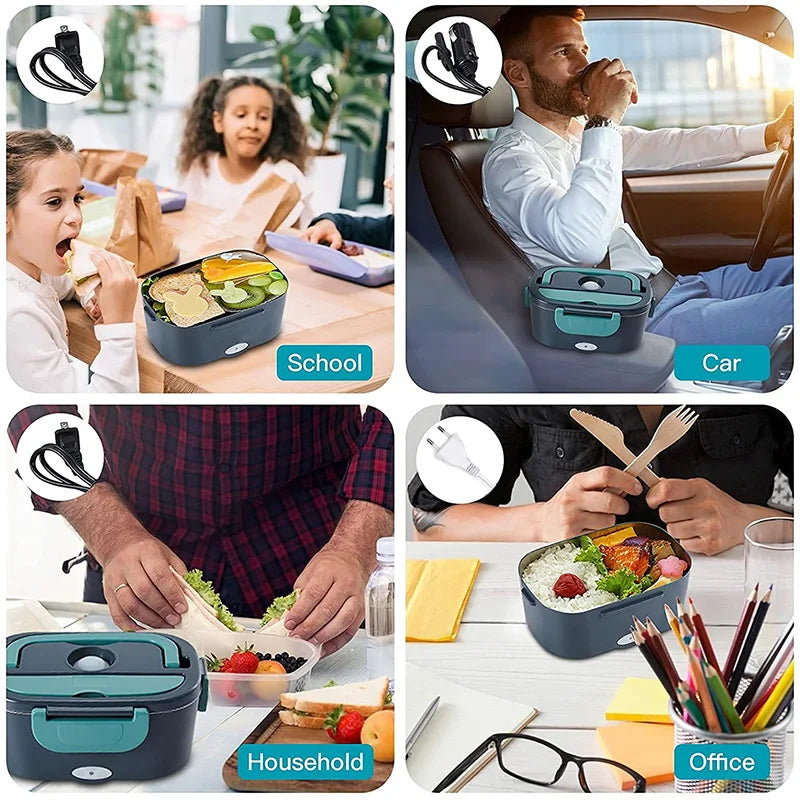 1.5L Stainless Steel Electric Food Warmer Lunch Box, 4-Voltage Universal Portable Heated Container, Compatible with Car 12V/24V & Household 110V/220V, Dual-Use Car & Home Food Heater