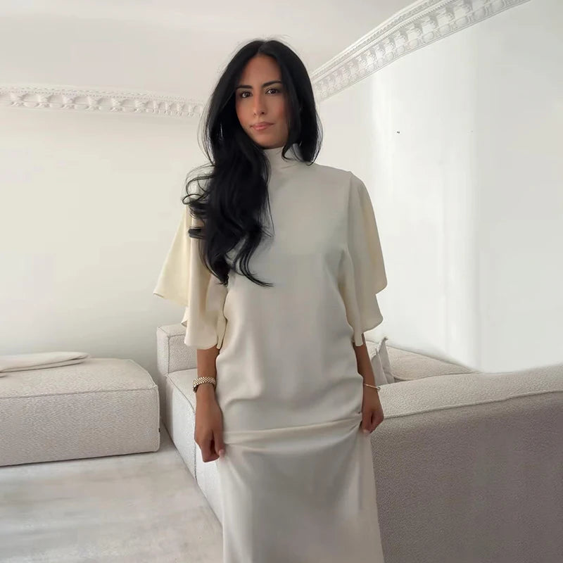 Women Solid Satin Maxi Dress High Neck Batwing Sleeve Loose Fit Front Slit Dresses Lady 2026 Summer Elegant Evening Party Outfit