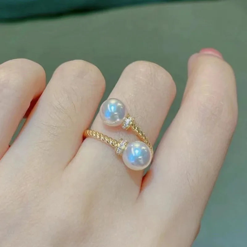 Huitan Temperament Double Imitation Pearl Open Ring Twist Gold Color Band New Fashion Women's Accessories Wedding Jewelry 2023