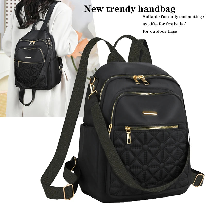 Elegant Quilted Nylon Women Backpack Gold Hardware Rucksack Multi‑slot Shoulder Bag For Casual Shopping Travel Activities