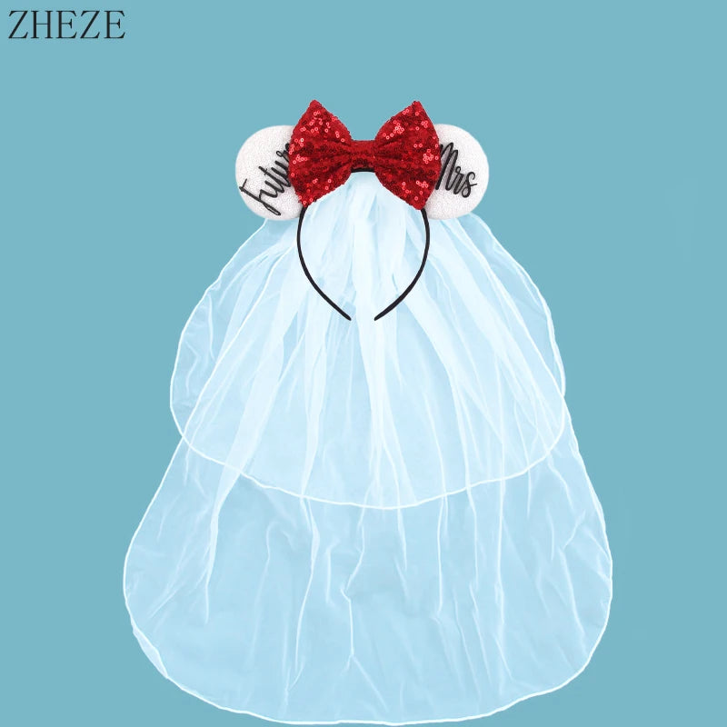 White Day Mouse Ears Headband With Veil Sequins 5"Bow Headwear For Women Festival Hairband Single Party DIY Hair Accessories
