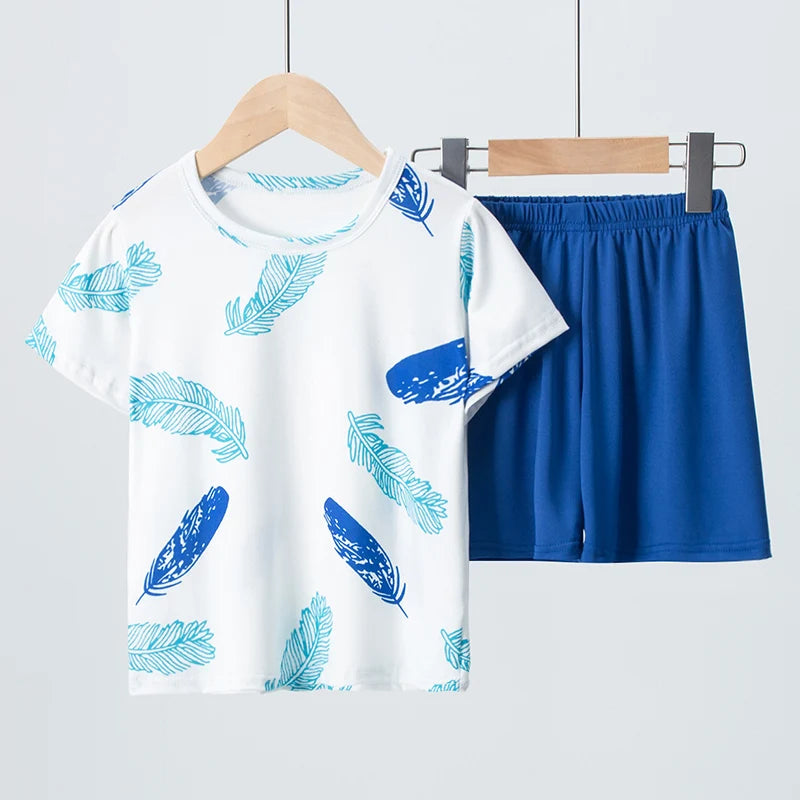 2 Pcs Children's Fun Printing Suit Boy Multicolor Dinosaur Short Sleeve Girl Sweet And Lovely Bow Comfortable Joker Shorts Suit