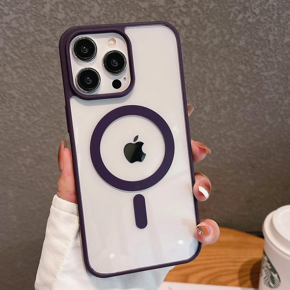 Luxury For Magsafe Transparent Case For iPhone 16 15 14 13 12 11 Pro XS XR Max Mini Plus Magnetic Wireless Charge Cases Cover